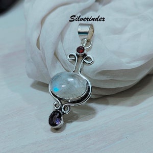 Good Looking Rainbow Moonstone Pendant, 925 Sterling Silver Amethyst Necklace, Moonstone Silver Pendant, Handmade Pendant Gift For Women..