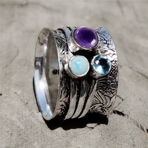 Spinner Amethyst Ring, Meditation Ring, Worry  Ring, Topaz Anxiety Ring, 925 Sterling Silver Ring, Three Tone Ring, Handmade Ring, Gift Item