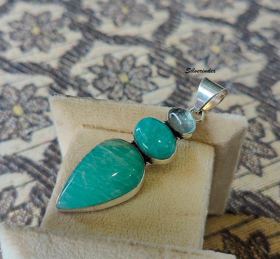Pendentif Amazonite Argent 925 - Pierre Verte Naturelle - Fait Main - Collier Bijou Cadeau