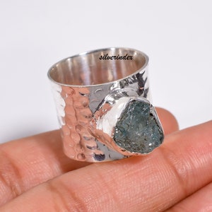 Raw Aquamarine Sterling Silver Ring, Boho Women's Ring