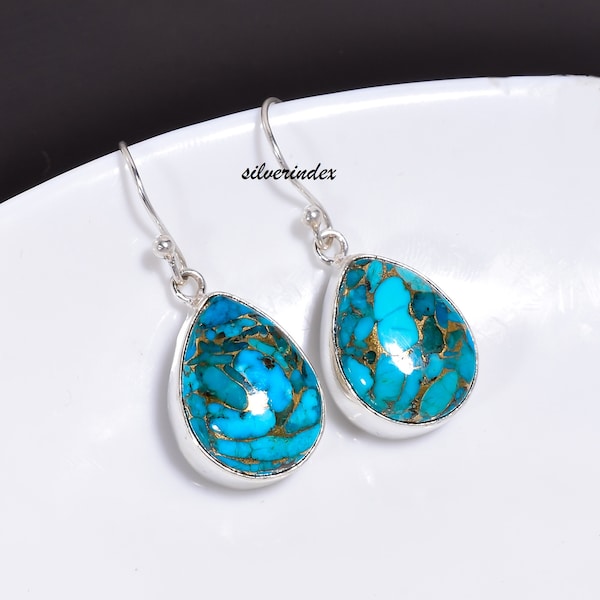 Blue Copper Turquoise Earrings, Sterling Silver Pear Dangle, Bohemian Style
