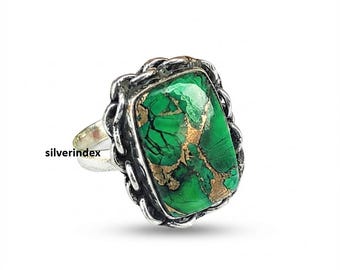 Green Copper Turquoise Ring, 925 Sterling Silver, Square Shape Gemstone, Women Jewelry, Gifts