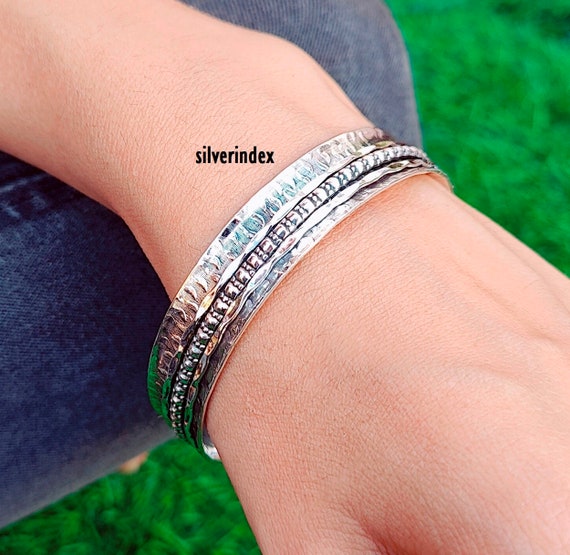 Wave Design Sterling Silver Spinner Bangle, Three Band