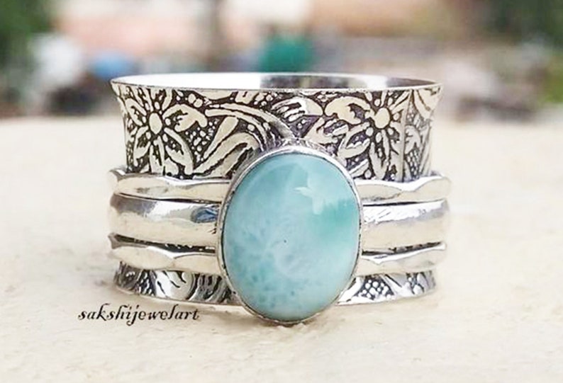 Larimar Ring, Spinner Ring, 925 Silver Spinner, Handmade Ring, Statement Ring, Fidget Ring, Worry Ring, Thumb Ring, Women Ring, Gift For Her 