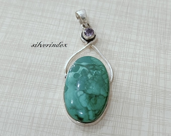 Malachite & Amethyst Gemstone Pendant * 925 Sterling Silver Handmade Jewelry *Pendant For Women*Valentine Gift