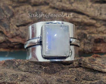 Moonstone Wide Band Ring, Fire Stone Ring, Sterling Silver Ring, Statement Ring, Handmade Ring, Boho Ring, All Purpose Ring, Thumb Ring
