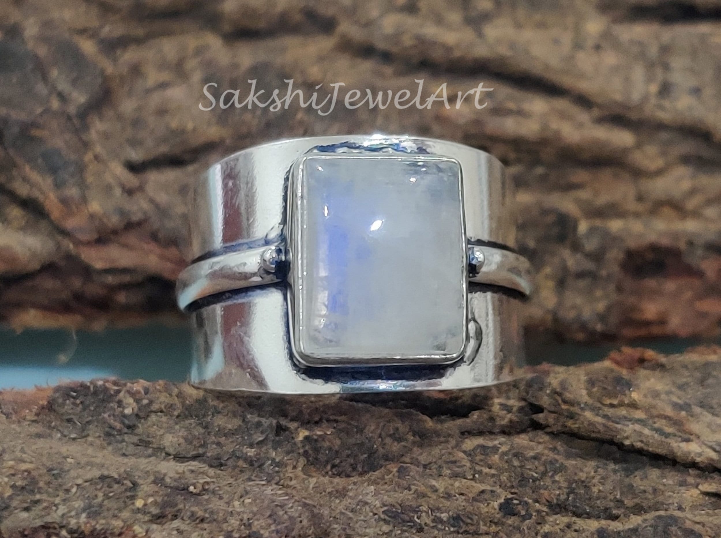 Moonstone Wide Band Ring Fire Stone Ring Sterling Silver Etsy