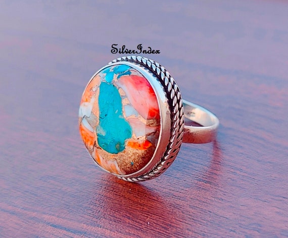 Oyster Copper Turquoise Sterling Silver Ring, Multi Color Stone