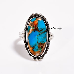 Multi Colour Oval Shape Oyster Copper Turquoise Ring, 925 Silver Ring, Handmade Ring, Beautiful Turquoise Ring  Christmas Gift For Women