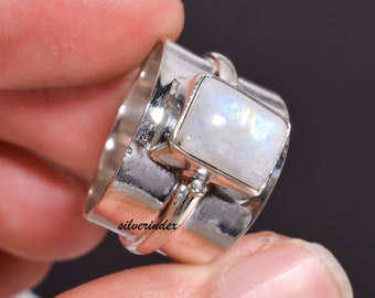 Handmade Rainbow Moonstone Sterling Silver Wide Band Ring