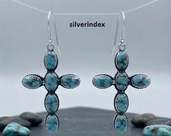 Blue Copper Turquoise Dangle Earrings, 925 Sterling Silver, Handcrafted Earrings, Popular Gemstone, Oval Shape