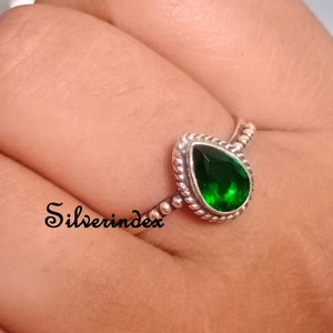 Pear Emerald Ring: Minimalist 925 Sterling Silver Band