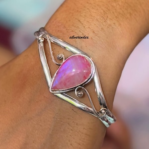 Designer Pink Moonstone Bangle, Adjustable Cuff Bangle, 925 Sterling Silver Bracelet, Handmade Bracelet, pear Gemstone Bangle, Gift For Her