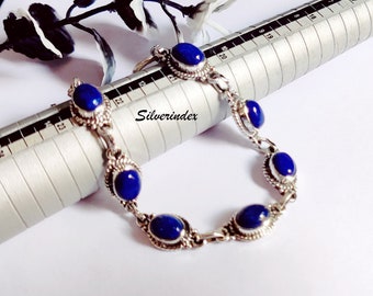 Silver Bracelet with Lapis Lazuli Gemstones Adjustable Bracelets. 