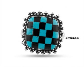 Black With Blue Checkerboard Gemstone, 925 Sterling Silver, Handmade Ring, Women Jewelry, Square Shape