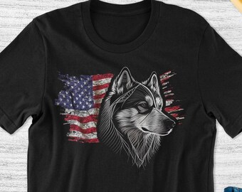 May include: Black t-shirt with a distressed American flag design and a wolf's head in the center.