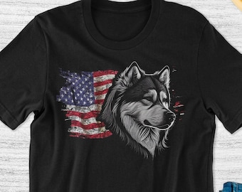 May include: Black t-shirt with a distressed American flag and a wolf's head graphic.