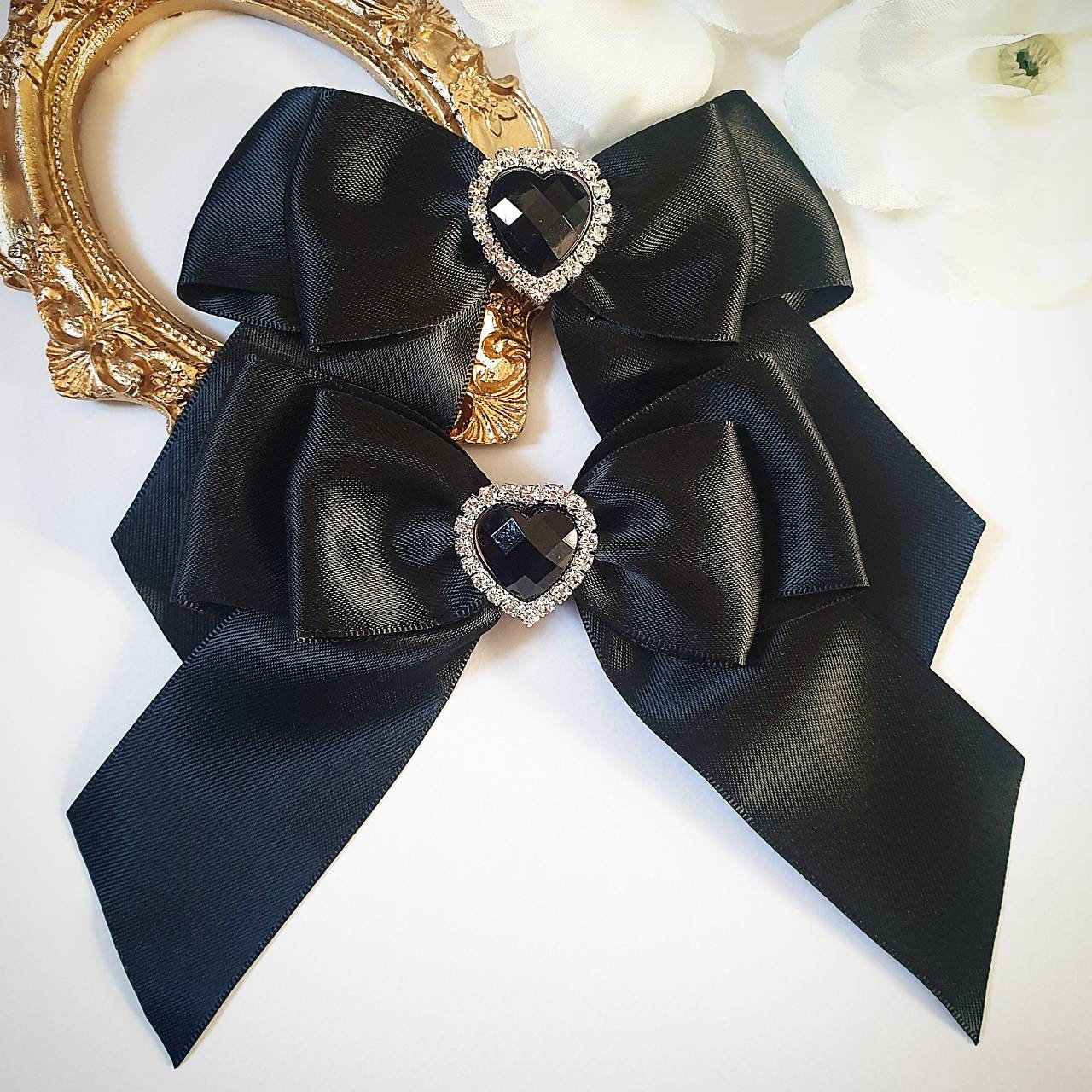 Classic Satin Bow Hair Clips With Rhinestone Heart, Jirai