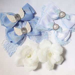 satin lace bow angel hair clips with rhinestone heart,tenshi kaiwai,jirai kei, kawaii