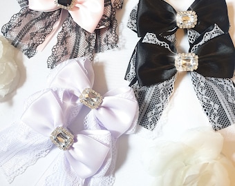 satin lace bow hair clips with rhinestone heart, jirai kei, ryousangata, kawaii