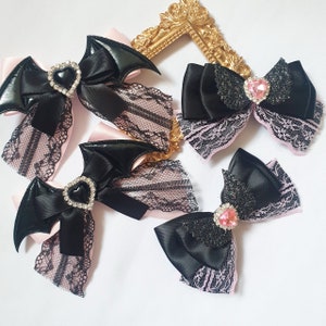 satin lace bow angel,Devil,bat hair clips with rhinestone ,jirai kei, kawaii