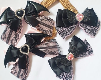 satin lace bow angel,Devil,bat hair clips with rhinestone ,jirai kei, kawaii