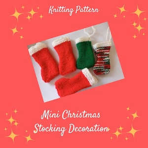 May include: Knitting pattern for mini Christmas stocking decorations. The pattern includes five stockings in red, green, and white stripes. The stockings are small enough to be used as ornaments.
