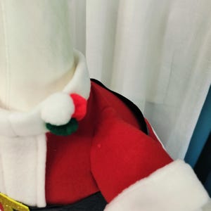 May include: A Santa Claus costume with a red jacket, white faux fur trim, and a black belt with a gold buckle. The costume includes a white collar and a matching hat with a red and green pom-pom. The outfit is designed for festive holiday celebrations.