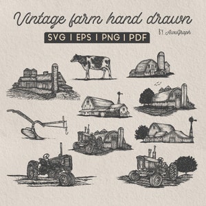 Set Vintage farm logo element, hand drawn tractor, barn logo, farm logo