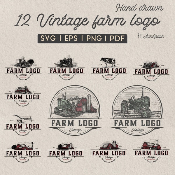 Set Vintage farm hand drawn logo. Vintage logo, Barn logo, Farmhouse logo, Farm logo, Professional logo