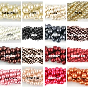May include: A grid of pearl beads in various colors, including Antique White, Cream, Ecru, Vanilla, White, Black, Hematite, Auburn Bronze, Chocolate, Rubbed Bronze, Burgundy, Venetian Red, Antique Rose, Orchid Pink, Watermelon, and Copper Penny.
