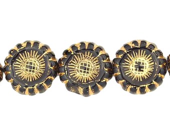 12mm 2 Hole Sunflower Beads, Jet Black and Gold Washed, 25 beads per strand