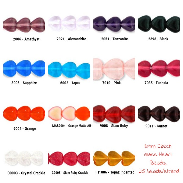 8mm Heart Beads Czech Glass 22 Colors, 25 Beads per Strand, Valentine's Day, Mother's Day, Wedding