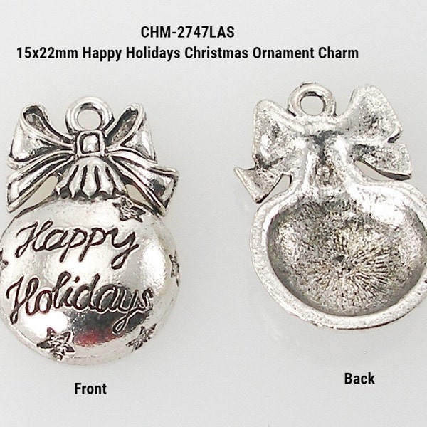 15x22mm Happy Holidays Christmas Ornament Charm, Light Silver Plated Finish, Christmas Charms, Holiday Charms, Made in USA