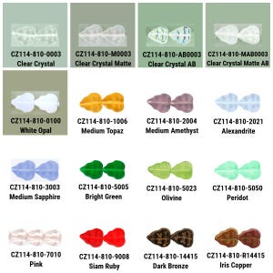 May include: A collection of leaf-shaped beads in various colors, including clear crystal, white opal, medium topaz, medium amethyst, and bright green. Each bead is labeled with a product code. The beads are suitable for jewelry making.