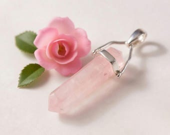 8x35mm Rose Quartz Hexagon Double Point Pendant Platinum Finish Bail