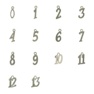 May include: A set of 13 silver-toned metal number charms, each charm is shaped like a number from 0 to 13. The charms are arranged in four rows, with the first row containing numbers 0 through 3, the second row containing numbers 4 through 7, the third row containing numbers 8 through 11, and the fourth row containing numbers 12 and 13.