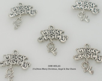 21x24mm Merry Christmas, Angel & Star Charm, Light Antiqued Silver Finish, Christmas Charms, Holiday Charms, Made in USA, 1 PC