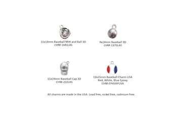 Baseball Themed Charms Made in USA, Light Silver Plated