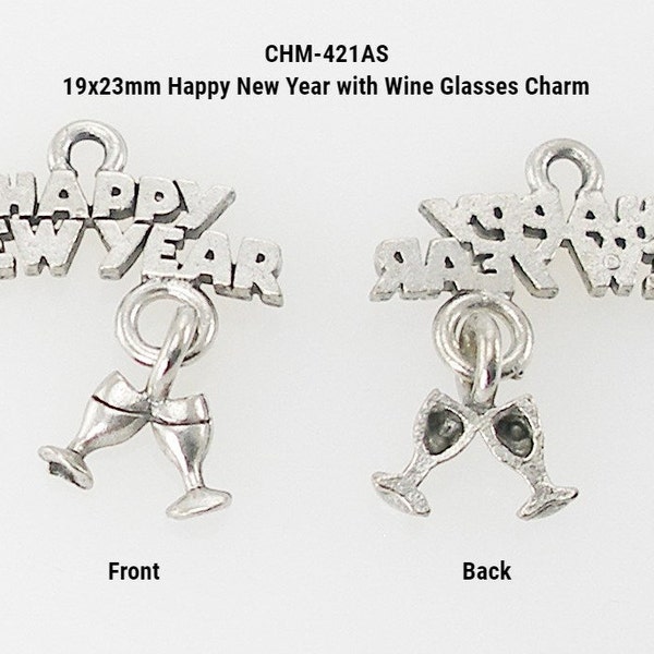 19x23mm Happy New Year with Wine Glasses Charm, Silver Tone Finish, New Year's Charms, New Year Charms, Holiday Charms, Made in USA