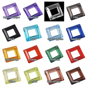 May include: Assortment of 16 square glass beads with a hole in the center. The beads are in various colors, including light amethyst, amethyst, clear, grey, black, aqua, light sapphire, sapphire, light orange, orange, emerald, red, yellow, peridot, light brown, and brown.