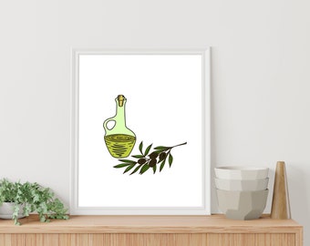 Olive oil illustration wall art for kitchen, Olive oil food art, Olive oil bottle with branch, Italian food art, Rustic kitchen food poster