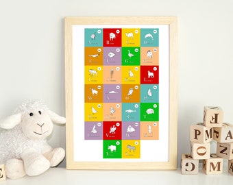 Animal alphabet poster-ABC wall art with animals on colorful cards-Educational print for school classroom kindergarten-Homeschool resources