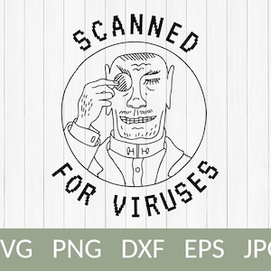 Puede incluir: Ilustración en blanco y negro de línea de arte de una persona con una expresión seria, vistiendo una camisa con cuello y mirando a través de una lupa. El texto "SCANED FOR VIRUSES" está escrito en una fuente pixelada alrededor de la persona.