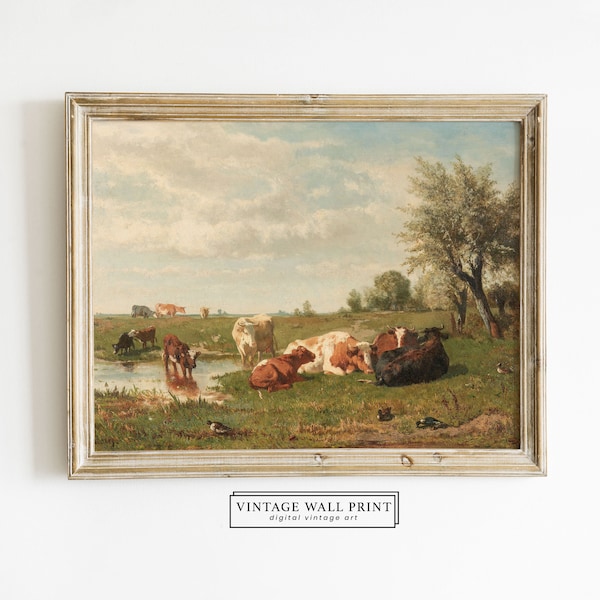 Peinture Vache Vintage, Tableau Animaux Ferme, Peinture Huile Vache, Tableau Paysage Campagne, Ancienne Peinture, Art A Imprimer, Imprimable