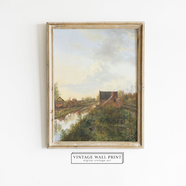 Farmhouse Antique Painting, French Oil Painting, Landscape Painting, Muted Countryside, Spring Art Print, PRINTABLE Art