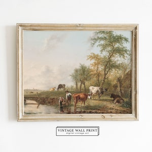Antique Cow Painting, Farmhouse Decor, Countryside Painting, Cottage Decor, Vintage Wall Art, PRINTABLE Poster