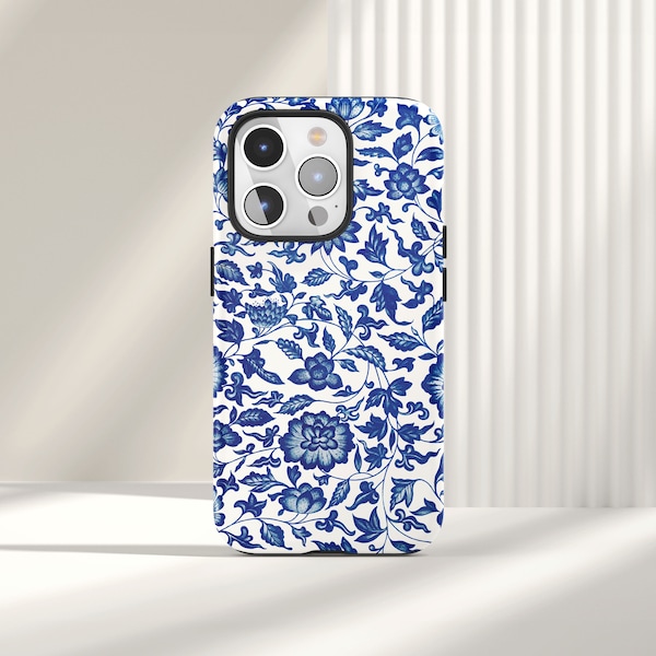 Funda resistente para iPhone y Android, patrón azul de flores, arte francés vintage, funda para iPhone 15, 14, 13, 12, funda Samsung, funda Google Pixel - (001)