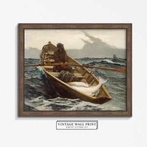 Fisherman Antique Painting, Boat Painting, Fisherman Print, Ocean Wall Art, Moody Rustic Decor, DIGITAL Poster