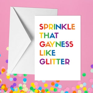Strooi die vrolijkheid als glitter - A5 LGBTQ-kaart - grappige volwassen humorkaarten door offensieve gelegenheden